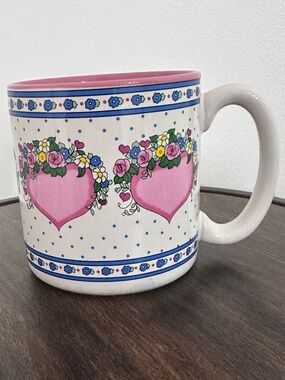 Vintage 1989 Peaches Floral Heart Coffee Mug Grandmacore Cottagecore Pink Blue